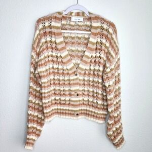 John + Jenn Julianna Cardigan Sweater Striped Button Down V-Neck Open Weave